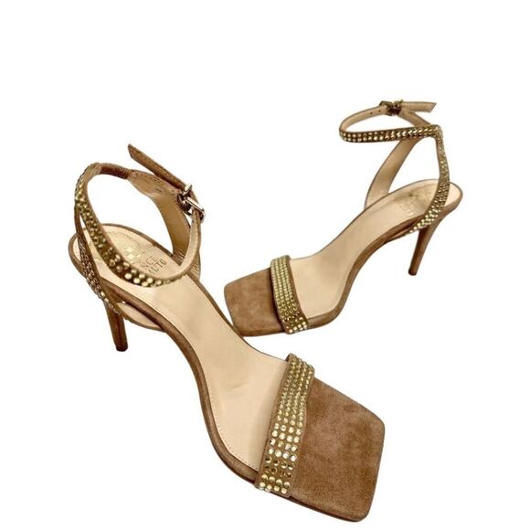 Vince Camuto Sandals Size 7.5 Tan Leather Saprenda Rhinestone Square Toe Ankle S - Picture 4 of 6